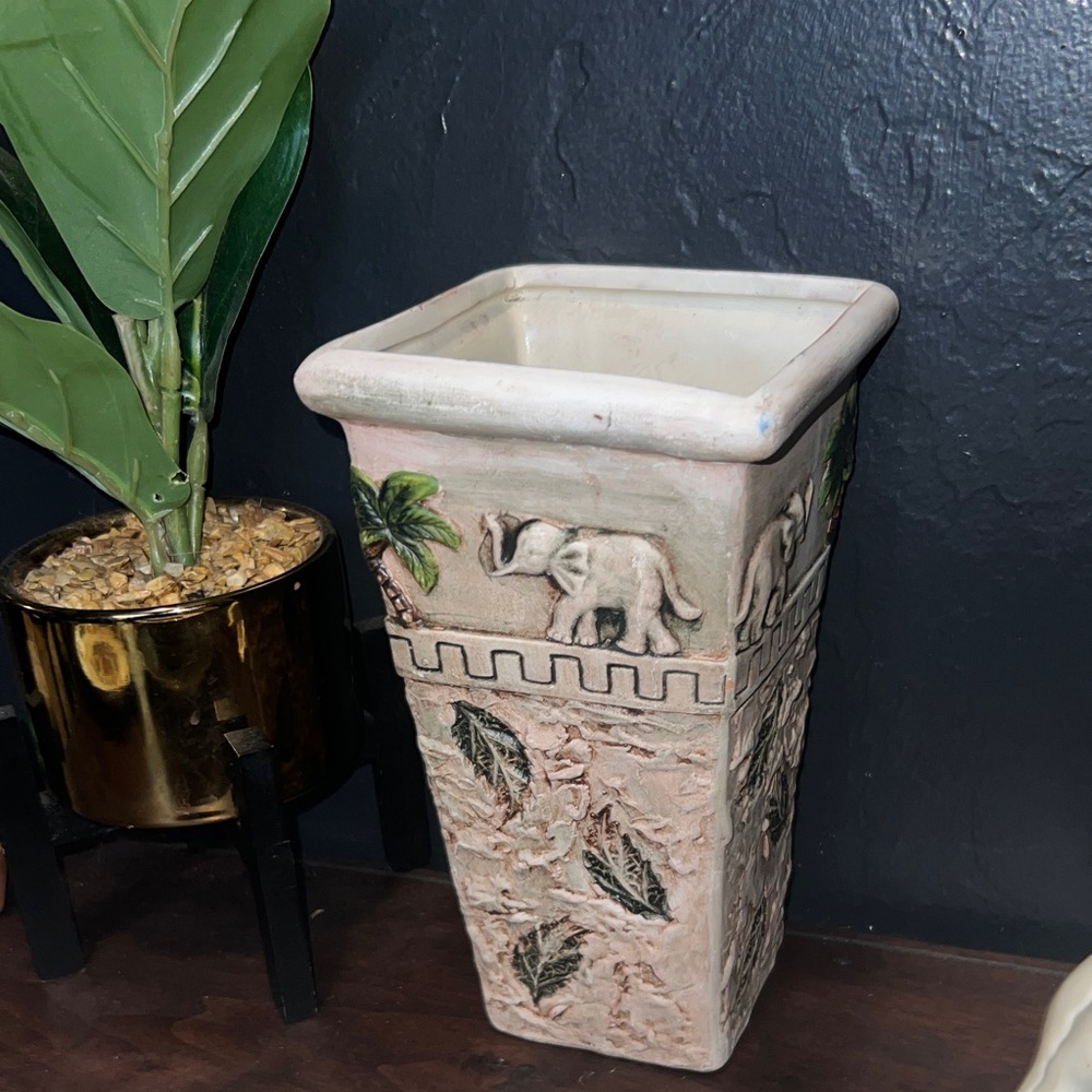 Vintage Textured Tropical Elephant Palm Tree Beige  Accents Vase Plant Potter